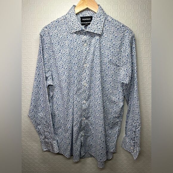 Bonobos Neck 17 Tailored Fit Stretch Long Sleeve Button Down Shirt Blue Floral - Picture 1 of 8